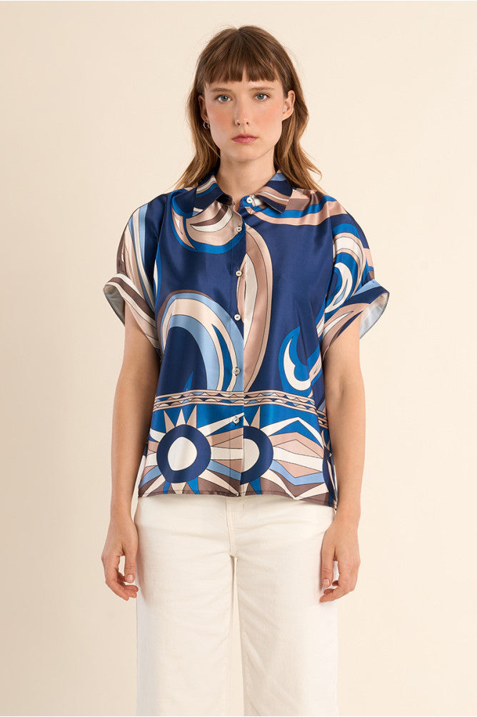 Short-sleeved blouse, satin effect