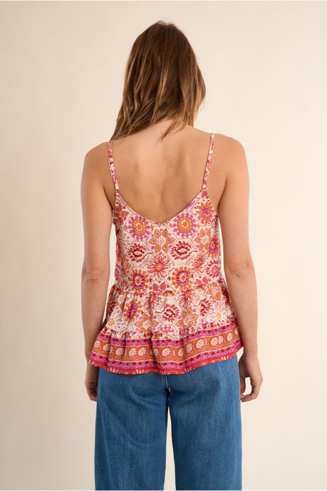 Printed tank top with ruffled hem